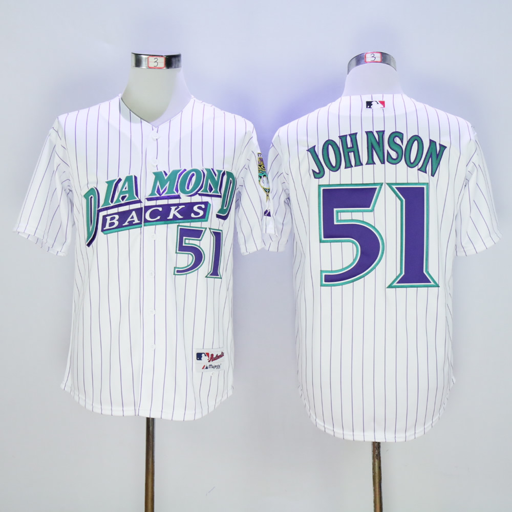 Men Arizona Diamondback 51 Johnson White Stripe 1999 MLB Jerseys